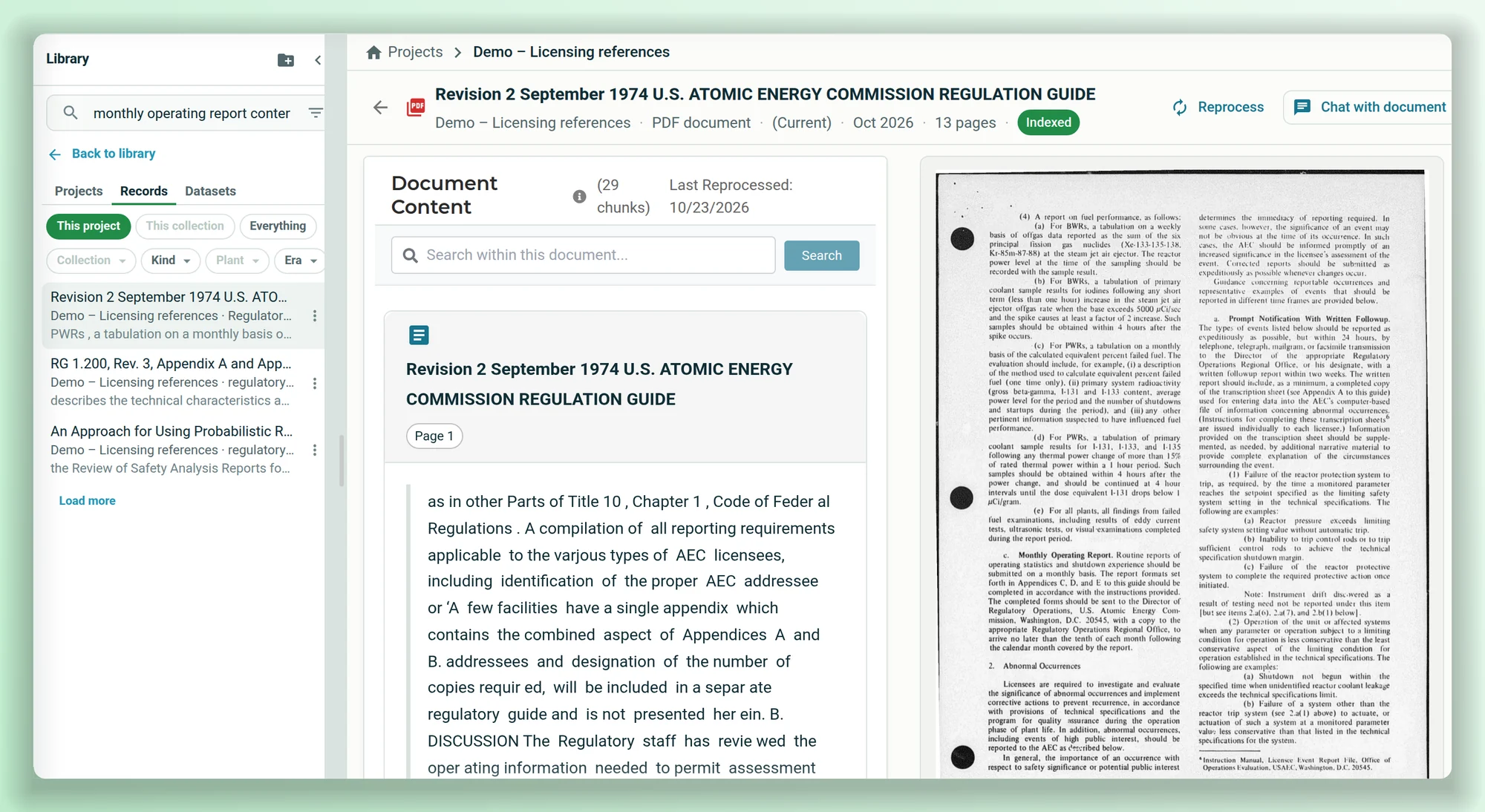 A library search for monthly operating report contents finds a 1974 Atomic Energy Commission regulatory guide that exists only as a scan. It opens at page 3, with the text read from the scan listed beside the page image.