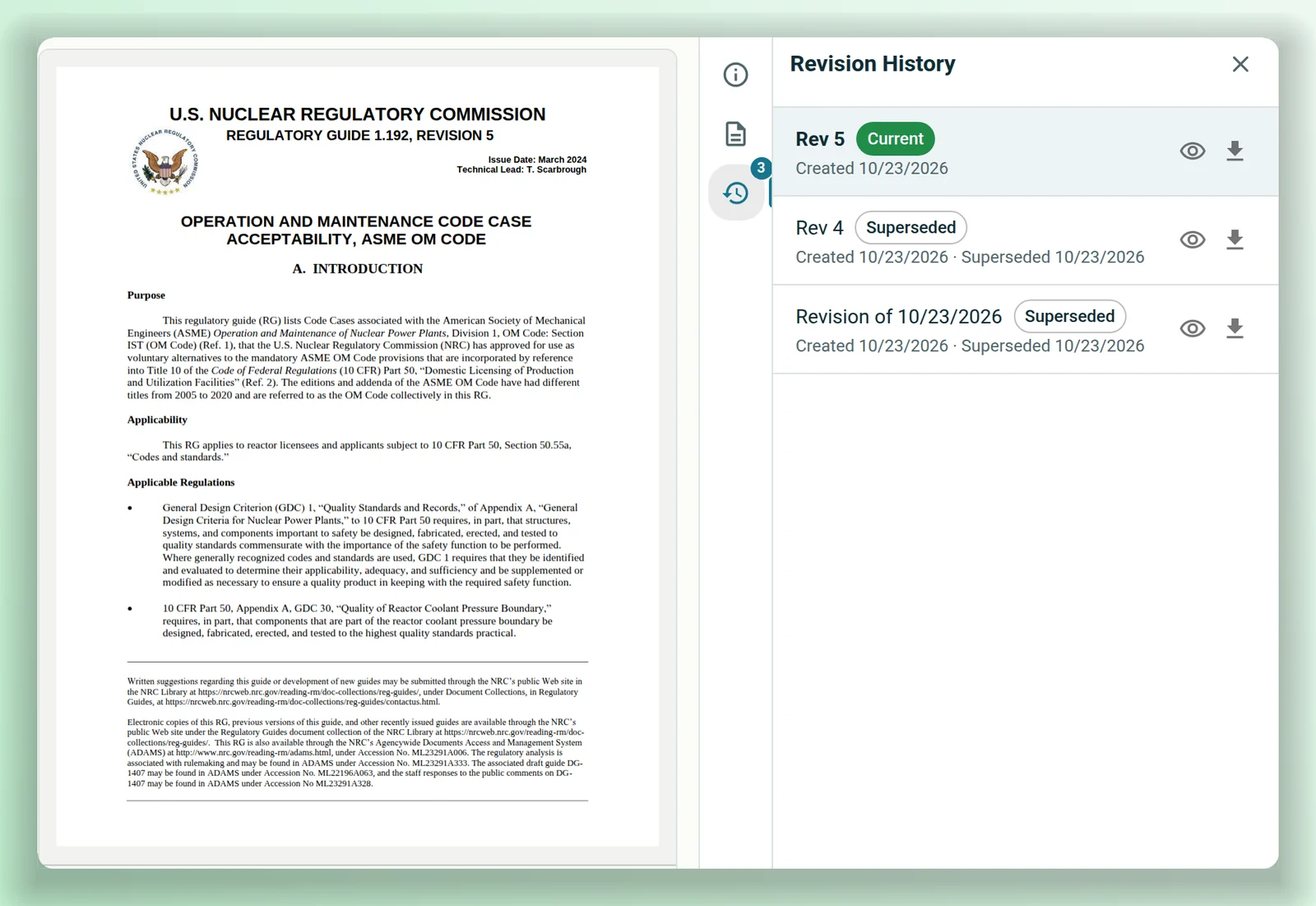 Regulatory Guide 1.192 with its Revision History open: Rev 5 marked current, Rev 4 and an earlier revision marked superseded, each with created and superseded dates and buttons to view or download it.
