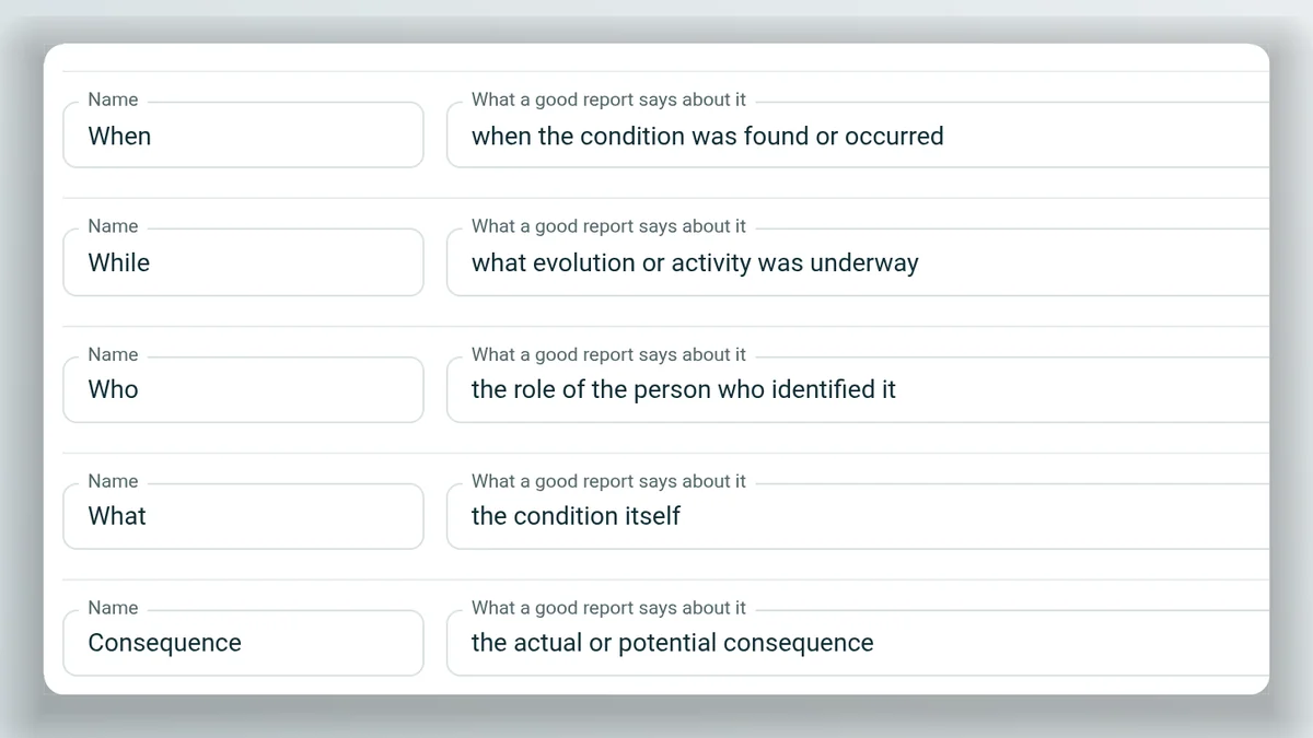 The plant's criteria settings: what a good report says about when, while, who, what and the consequence, which the assistant grades each description against.