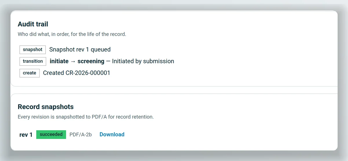 The record's history: the audit trail of who did what, in order, and a PDF/A snapshot for revision 1 with a download link.