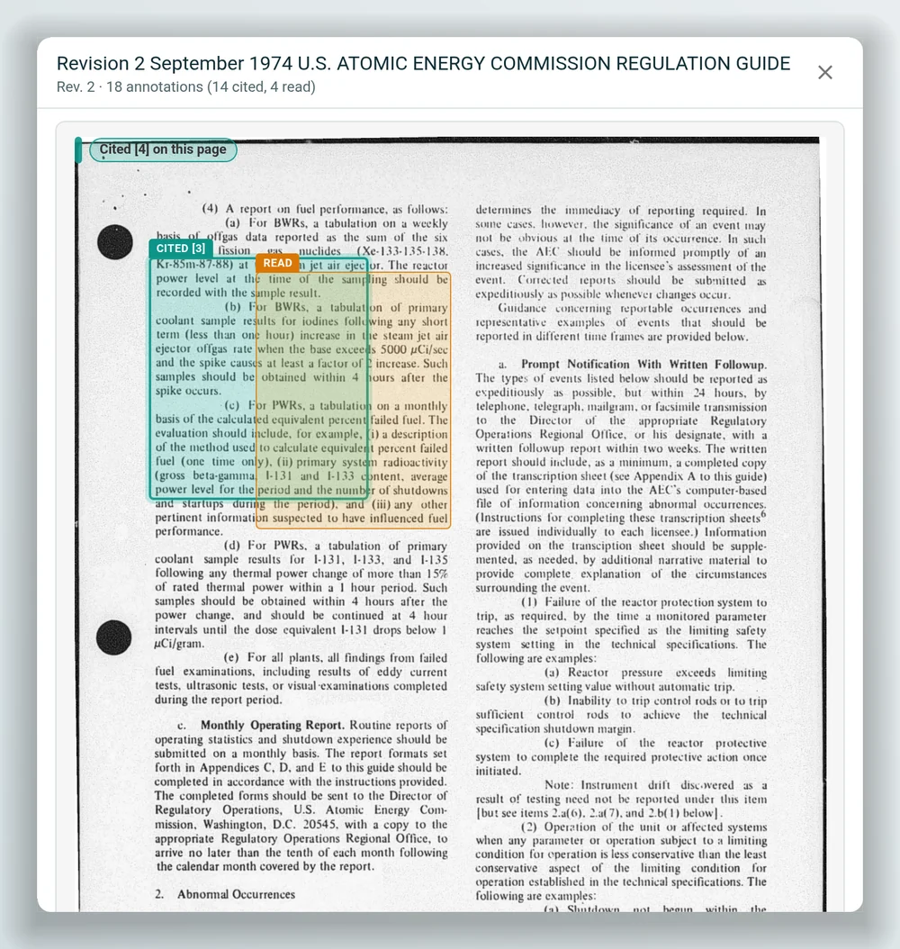 An AtomAssist citation opened on the same 1974 scan: the cited and read passages outlined and numbered on the scanned page.