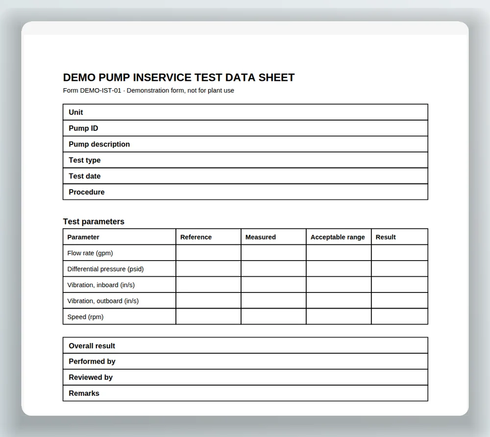 The blank demo pump inservice test data sheet the schema was drafted from.