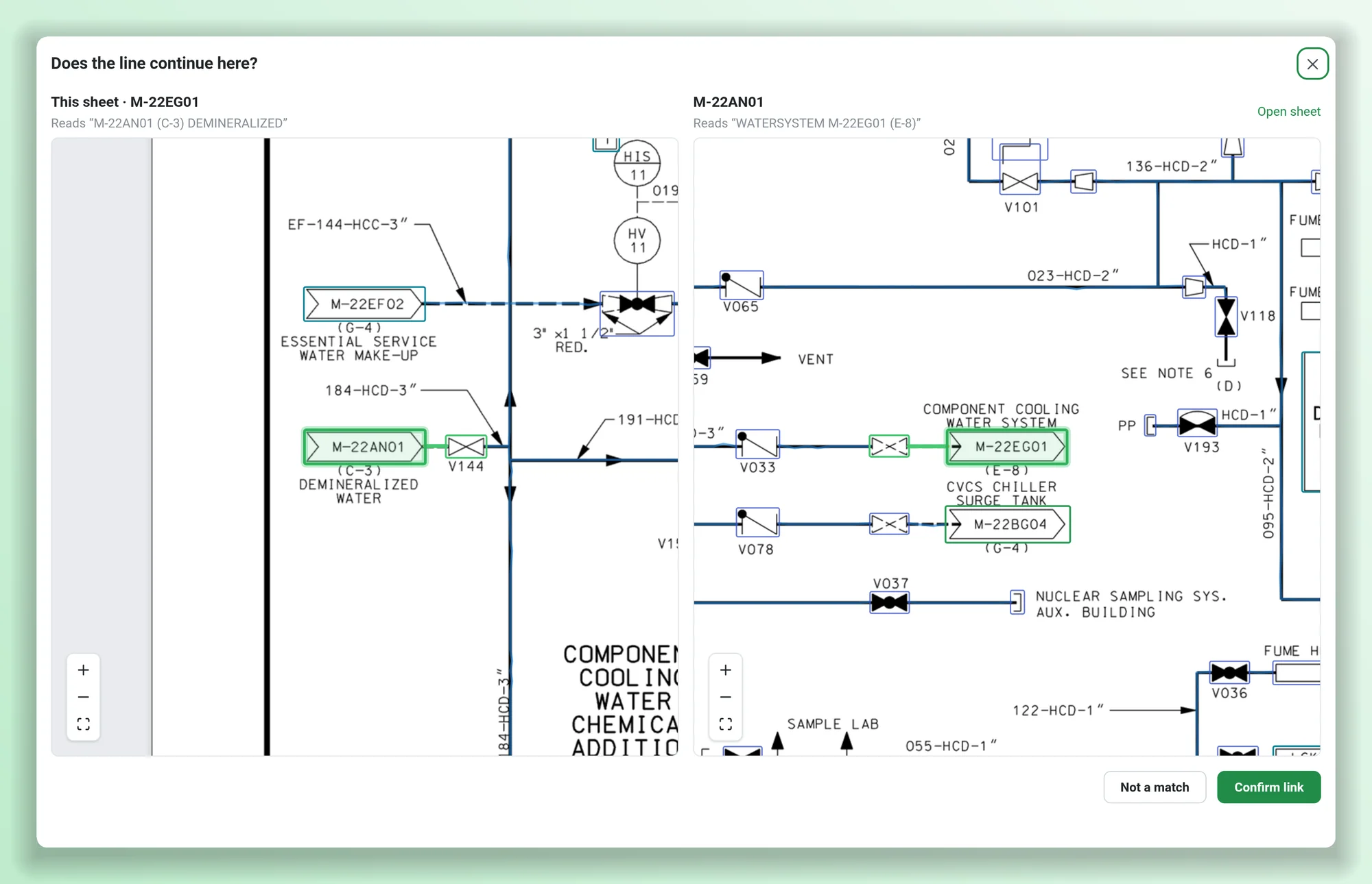 The link check: the off-page connector on this sheet on the left, the matching connector on the named sheet on the right, with Not a match and Confirm link buttons.