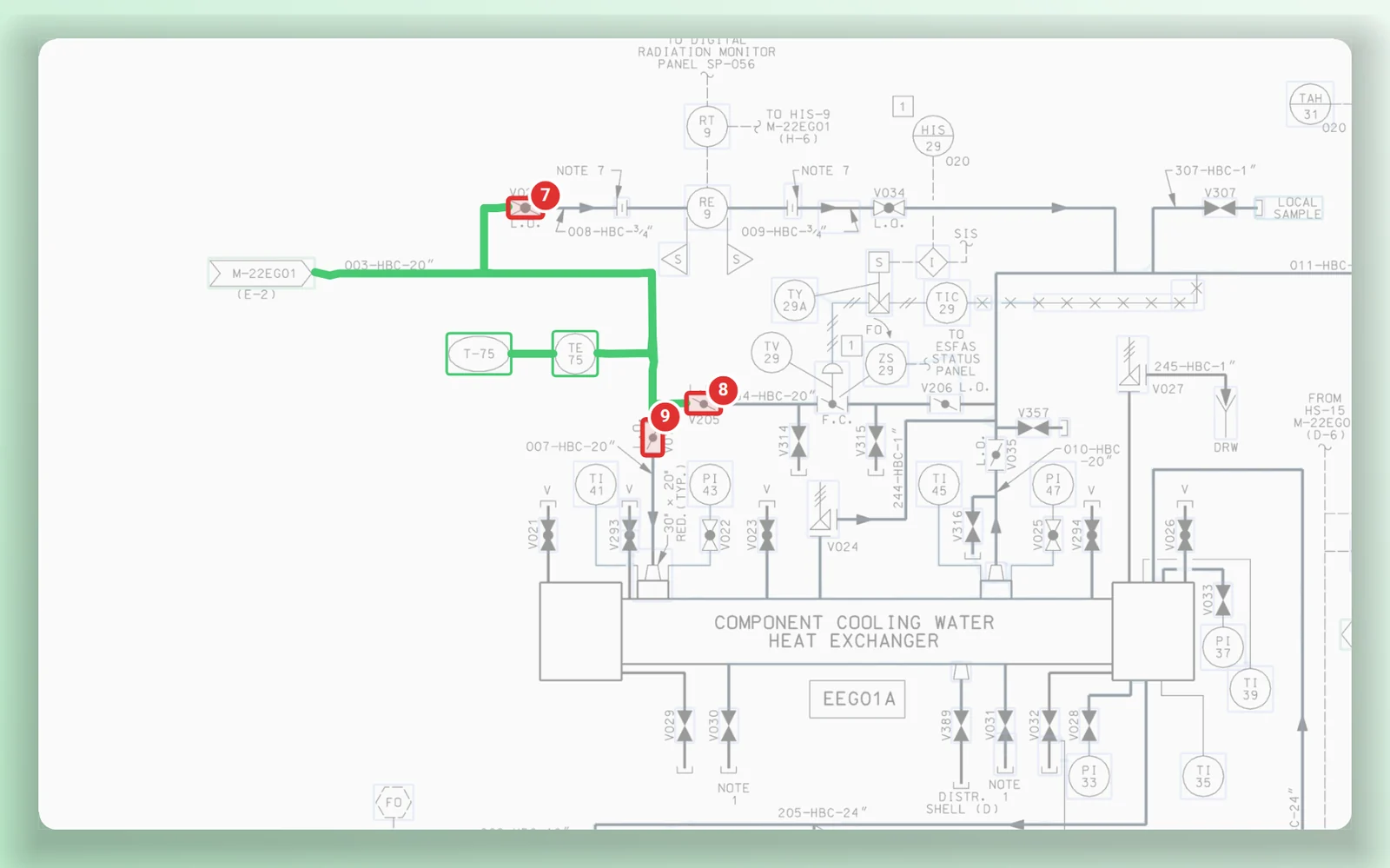 The connected sheet, opened from the boundary list, with the boundary still drawn and valves seven to nine marked.
