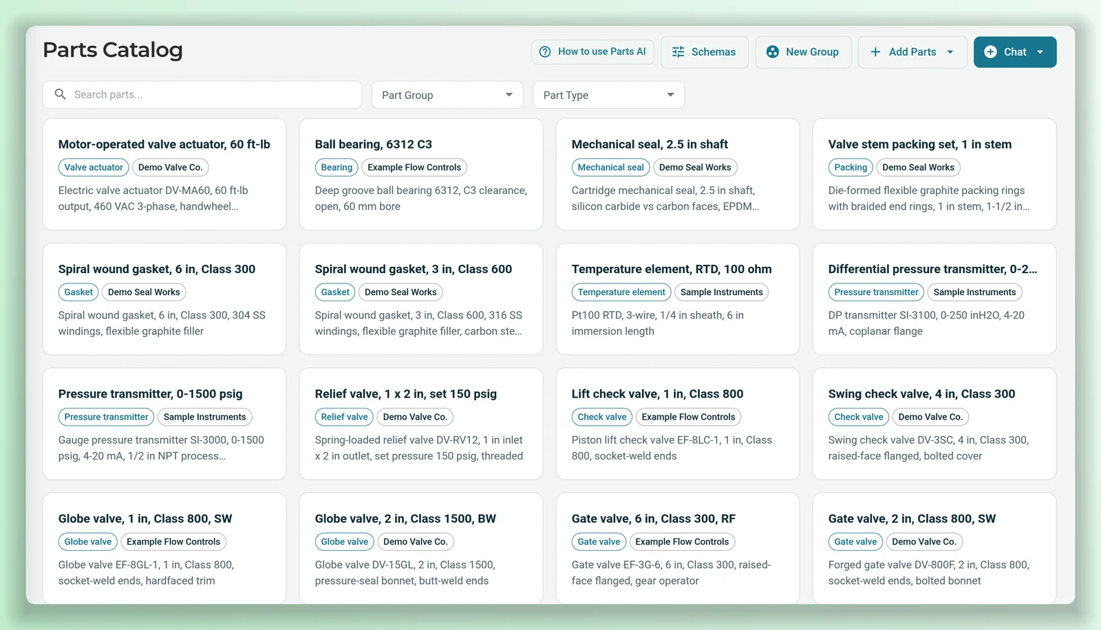 The Parts Catalog with fictional demo parts, including valves, transmitters, gaskets, seals and bearings, each with its part type and manufacturer, a search box, part group and part type filters, and buttons for schemas, groups, adding parts and chat.