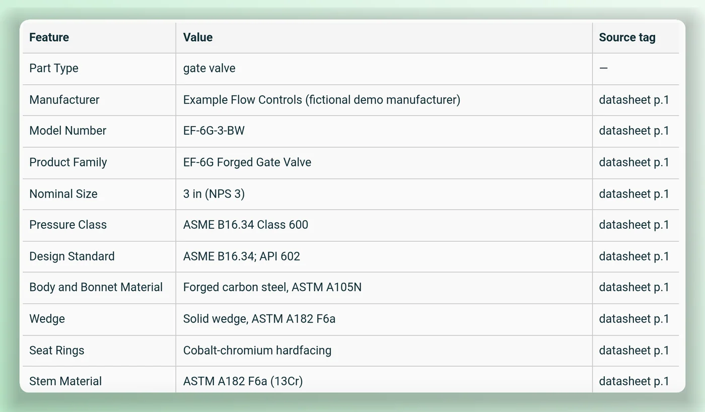 Specifications read from a demo gate valve data sheet: part type, manufacturer, model, size, pressure class, design standard, body, wedge, seat and stem materials, each tagged to page one of the data sheet.