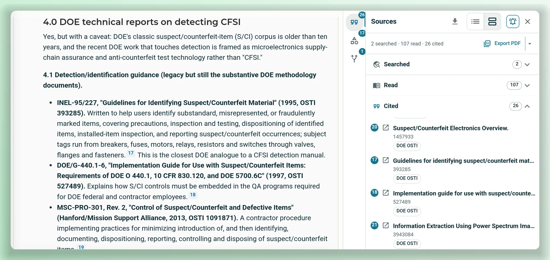An answer about DOE technical reports on counterfeit, fraudulent and suspect items, listing reports with their OSTI numbers and numbered citations. The Sources panel beside it shows 2 searched, 107 read and 26 cited, and each cited report is marked DOE OSTI.
