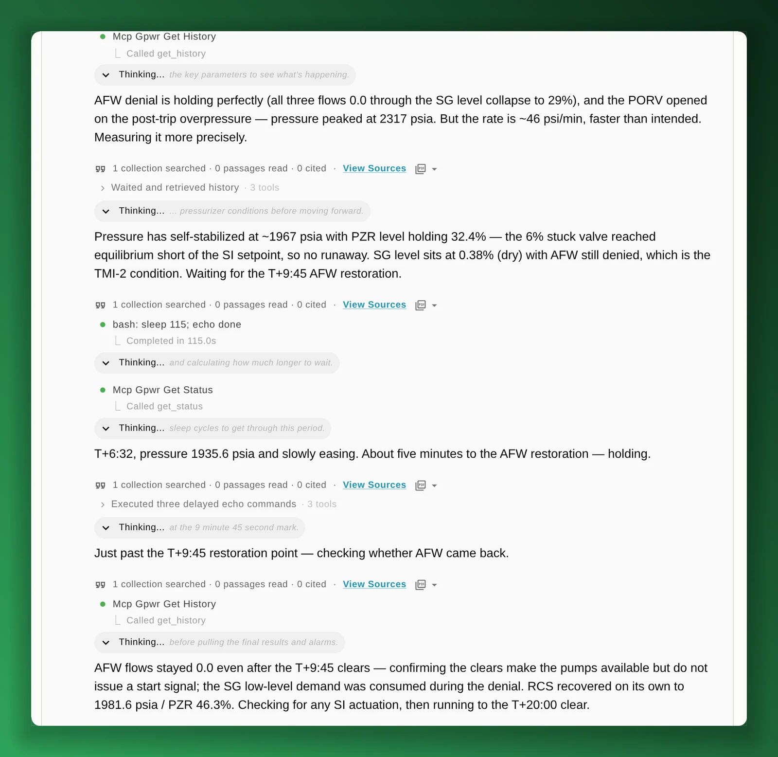 AtomAssist reporting on the plant while the replay runs: auxiliary feedwater held at zero as steam generator level falls to 29 percent, and the PORV opening on the post-trip pressure peak of 2,317 psia; pressure settling near 1,967 psia with pressurizer level at 32.4 percent; at 6:32, pressure at 1,935.6 psia and easing; and after the 9:45 clears, auxiliary feedwater still at zero, because the clears don't send a start signal.