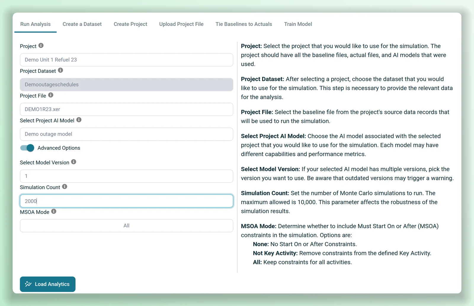 The Run Analysis form for the synthetic project Demo Unit 1 Refuel 23: its schedule file, the model trained on past outages, 2,000 simulations and the start-on-or-after constraint setting, with the help text for each field.